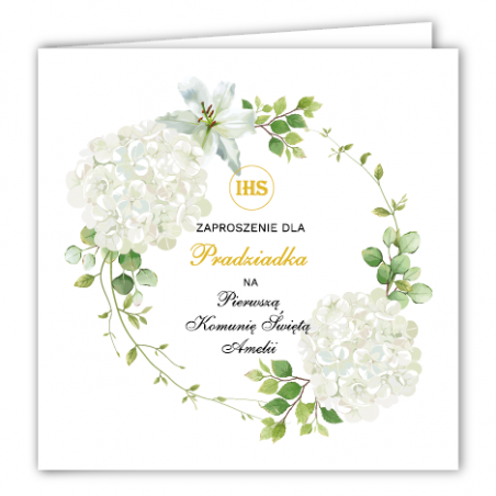 Zaproszenie na KOMUNIĘ ŚWIĘTĄ dla PRADZIADKA - Biała Hortensja PERSONALIZOWANE - 1 sztuka