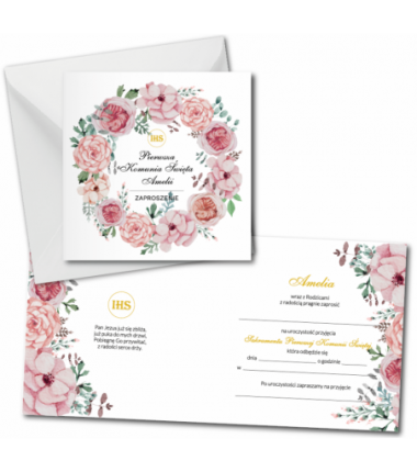 Zaproszenie na KOMUNIĘ ŚWIĘTĄ - Kwiaty Różowe PERSONALIZOWANE - 10 sztuk