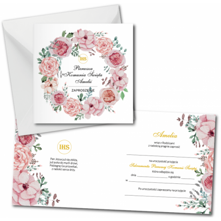 Zaproszenie na KOMUNIĘ ŚWIĘTĄ - Kwiaty Różowe PERSONALIZOWANE - 10 sztuk