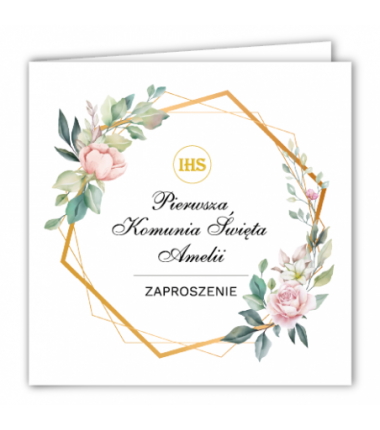 Zaproszenie na KOMUNIĘ ŚWIĘTĄ - Heksagon i Róża PERSONALIZOWANE - 10 sztuk