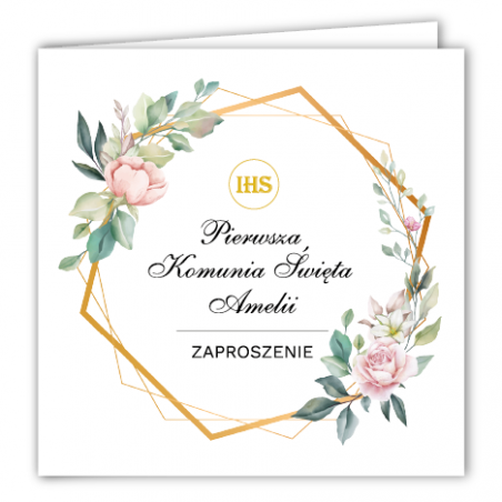 Zaproszenie na KOMUNIĘ ŚWIĘTĄ - Heksagon i Róża PERSONALIZOWANE - 10 sztuk