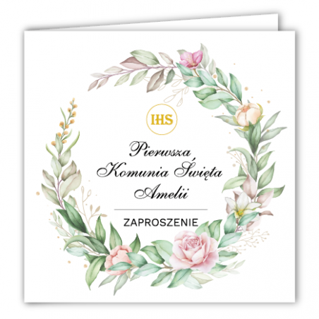 Zaproszenie na KOMUNIĘ ŚWIĘTĄ - Piwonia Wianek PERSONALIZOWANE - 10 sztuk