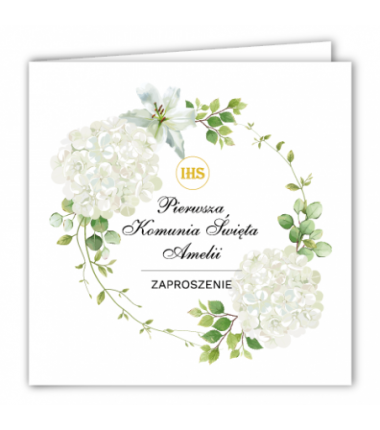 Zaproszenie na KOMUNIĘ ŚWIĘTĄ - Biała Hortensja PERSONALIZOWANE - 10 sztuk