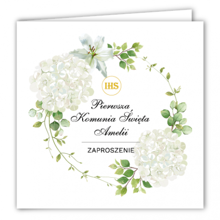 Zaproszenie na KOMUNIĘ ŚWIĘTĄ - Biała Hortensja PERSONALIZOWANE - 10 sztuk