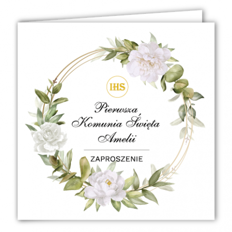 Zaproszenie na KOMUNIĘ ŚWIĘTĄ - Biała Piwonia PERSONALIZOWANE - 10 sztuk
