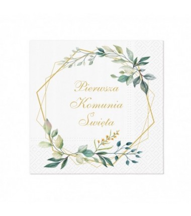 Serwetki komunijne Communion Leaaves Frame - heksagon i liście - 20 szt.