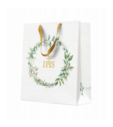 Torebka na prezenty komunijna wianek liście HERBAL średnia - 20x10x25 - 1 sztuka