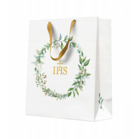 Torebka na prezenty komunijna wianek liście HERBAL średnia - 20x10x25 - 1 sztuka
