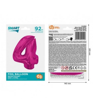 Balon foliowy Cyfra 4 - 92 cm - Różowy