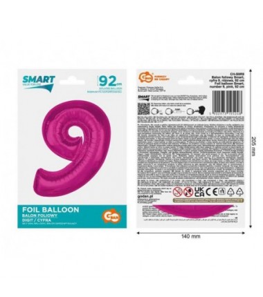 Balon foliowy Cyfra 9 - 92 cm - Różowy