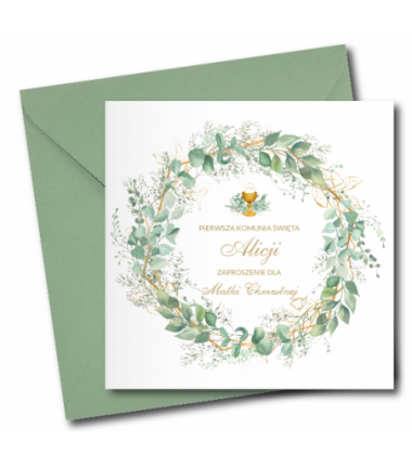 Zaproszenie na KOMUNIĘ ŚWIĘTĄ dla MATKI CHRZESTNEJ + IMIĘ dziecka - WIANEK LIŚCIE PERSONALIZOWANE