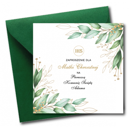 Zaproszenie na KOMUNIĘ ŚWIĘTĄ dla MATKI CHRZESTNEJ + IMIĘ dziecka - LIŚCIE NAROŻNIK PERSONALIZOWANE