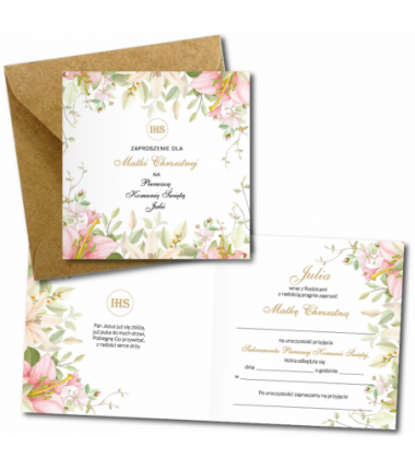 Zaproszenie na KOMUNIĘ ŚWIĘTĄ dla MATKI CHRZESTNEJ + IMIĘ dziecka - LILIA NAROŻNIK PERSONALIZOWANE
