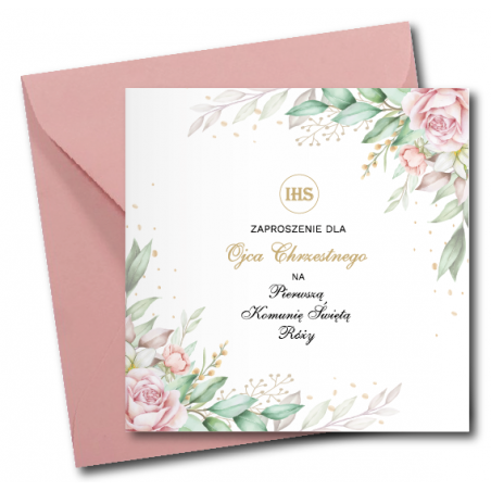 Zaproszenie na KOMUNIĘ ŚWIĘTĄ dla OJCA CHRZESTNEGO + IMIĘ dziecka - RÓŻA NAROŻNIK PERSONALIZOWANE