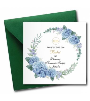 Zaproszenie na KOMUNIĘ ŚWIĘTĄ dla BABCI + IMIĘ dziecka - NIEBIESKA HORTENSJA PERSONALIZOWANE