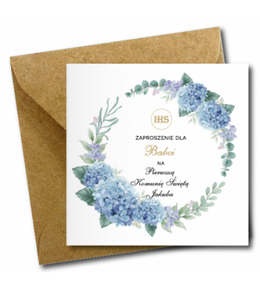 Zaproszenie na KOMUNIĘ ŚWIĘTĄ dla BABCI + IMIĘ dziecka - NIEBIESKA HORTENSJA PERSONALIZOWANE