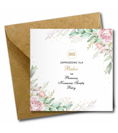 Zaproszenie na KOMUNIĘ ŚWIĘTĄ dla BABCI + IMIĘ dziecka - RÓŻA NAROŻNIK PERSONALIZOWANE