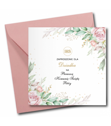 Zaproszenie na KOMUNIĘ ŚWIĘTĄ dla DZIADKA + IMIĘ dziecka - RÓŻA NAROŻNIK PERSONALIZOWANE