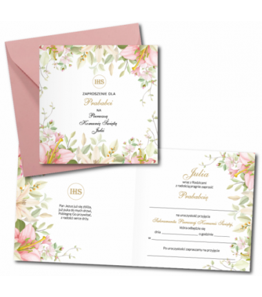 Zaproszenie na KOMUNIĘ ŚWIĘTĄ dla PRABABCI + IMIĘ dziecka - LILIA NAROŻNIK PERSONALIZOWANE