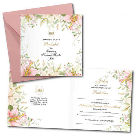 Zaproszenie na KOMUNIĘ ŚWIĘTĄ dla PRABABCI + IMIĘ dziecka - LILIA NAROŻNIK PERSONALIZOWANE