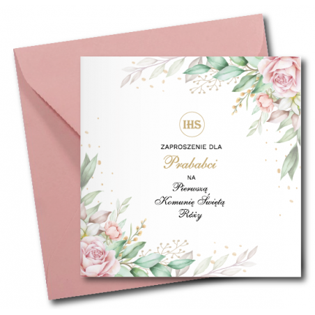 Zaproszenie na KOMUNIĘ ŚWIĘTĄ dla PRABABCI + IMIĘ dziecka - RÓŻA NAROŻNIK PERSONALIZOWANE