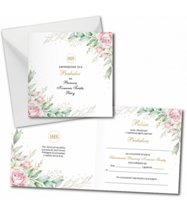 Zaproszenie na KOMUNIĘ ŚWIĘTĄ dla PRABABCI + IMIĘ dziecka - RÓŻA NAROŻNIK PERSONALIZOWANE