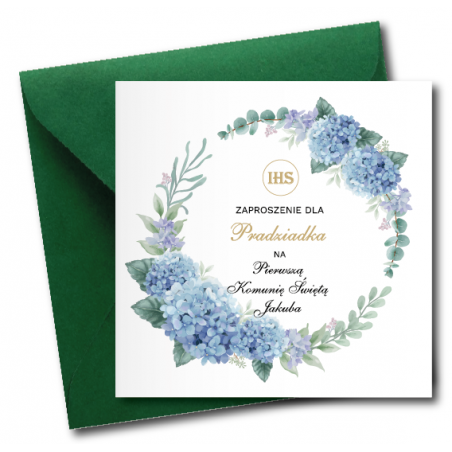 Zaproszenie na KOMUNIĘ ŚWIĘTĄ dla PRADZIADKA + IMIĘ dziecka - NIEBIESKA HORTENSJA PERSONALIZOWANE