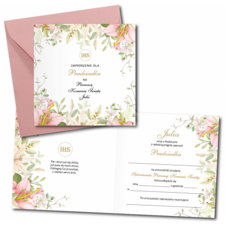 Zaproszenie na KOMUNIĘ ŚWIĘTĄ dla PRADZIADKA + IMIĘ dziecka - LILIA NAROŻNIK PERSONALIZOWANE