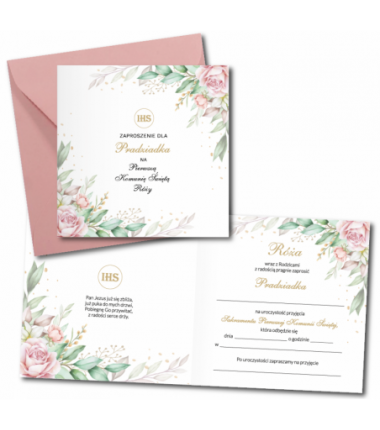 Zaproszenie na KOMUNIĘ ŚWIĘTĄ dla PRADZIADKA + IMIĘ dziecka - RÓŻA NAROŻNIK PERSONALIZOWANE