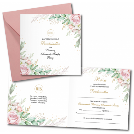 Zaproszenie na KOMUNIĘ ŚWIĘTĄ dla PRADZIADKA + IMIĘ dziecka - RÓŻA NAROŻNIK PERSONALIZOWANE