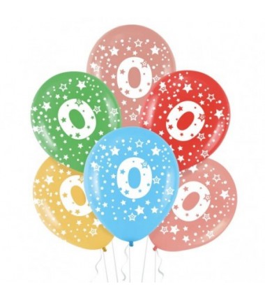 Balony - kolorowe z cyfrą 0 - 30 cm - 5 sztuk