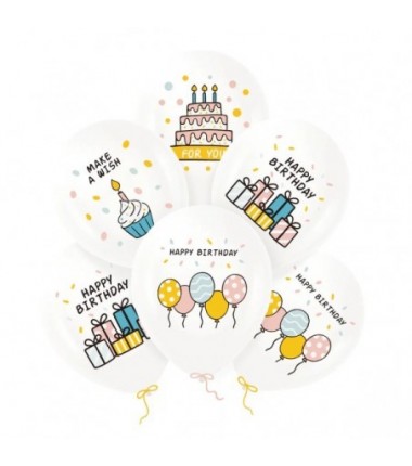 Balony urodzinowe Happy Birthday wielokolorowe - 6 sztuk