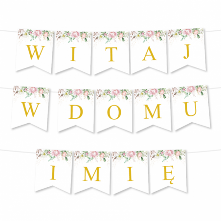 Girlanda Witaj w Domu Imię - Proste Litery Liście i Róże