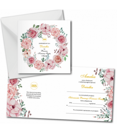 Zaproszenie na KOMUNIĘ ŚWIĘTĄ dla DZIADKA - Kwiaty Różowe PERSONALIZOWANE - 1 sztuka