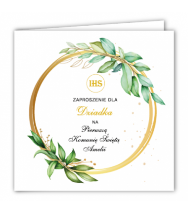 Zaproszenie na KOMUNIĘ ŚWIĘTĄ dla DZIADKA - Liście na Kole PERSONALIZOWANE - 1 sztuka