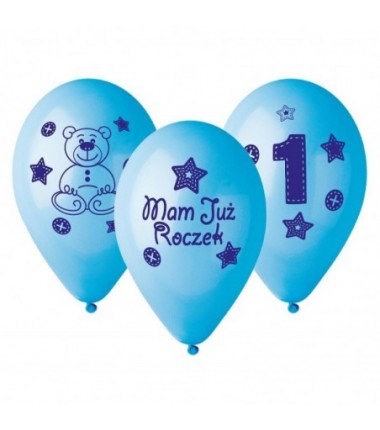 BALONY NADRUK 30 cm "Moje 1 urodziny" (niebieski) - 5 sztuk