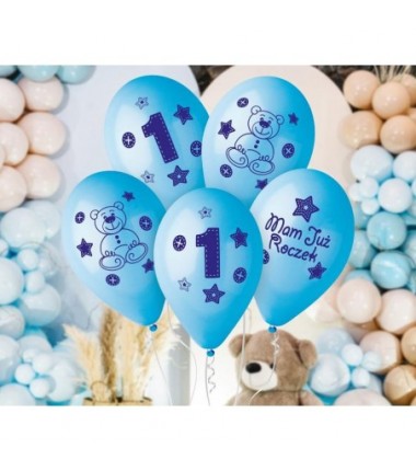 BALONY NADRUK 30 cm "Moje 1 urodziny" (niebieski) - 5 sztuk