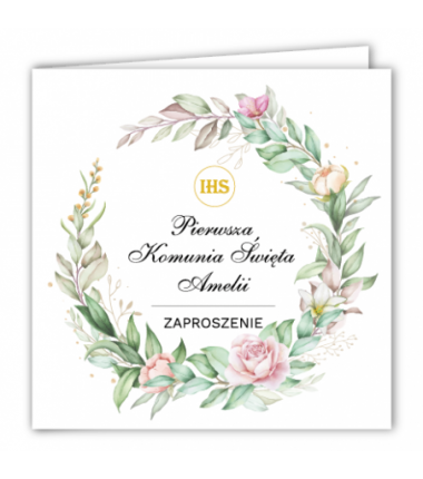 Zaproszenie na KOMUNIĘ ŚWIĘTĄ - Piwonia Wianek PERSONALIZOWANE - 10 sztuk