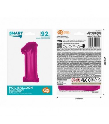 Balon foliowy Cyfra 1 - 92 cm - Różowy