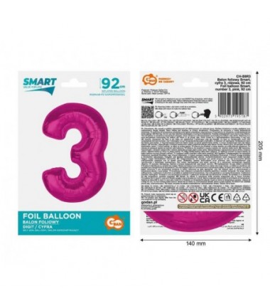 Balon foliowy Cyfra 3 - 92 cm - Różowy