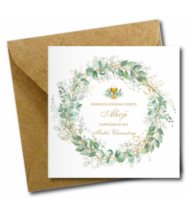 Zaproszenie na KOMUNIĘ ŚWIĘTĄ dla MATKI CHRZESTNEJ + IMIĘ dziecka - WIANEK LIŚCIE PERSONALIZOWANE