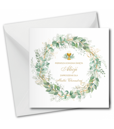 Zaproszenie na KOMUNIĘ ŚWIĘTĄ dla MATKI CHRZESTNEJ + IMIĘ dziecka - WIANEK LIŚCIE PERSONALIZOWANE