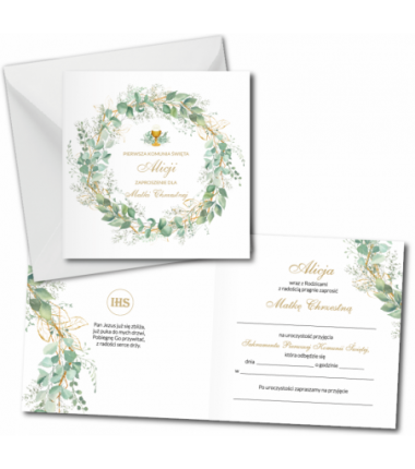 Zaproszenie na KOMUNIĘ ŚWIĘTĄ dla MATKI CHRZESTNEJ + IMIĘ dziecka - WIANEK LIŚCIE PERSONALIZOWANE