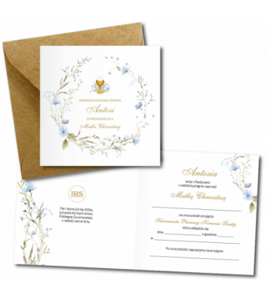 Zaproszenie na KOMUNIĘ ŚWIĘTĄ dla MATKI CHRZESTNEJ + IMIĘ dziecka - NIEZAPOMINAJKI PERSONALIZOWANE