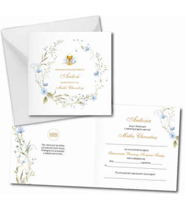 Zaproszenie na KOMUNIĘ ŚWIĘTĄ dla MATKI CHRZESTNEJ + IMIĘ dziecka - NIEZAPOMINAJKI PERSONALIZOWANE