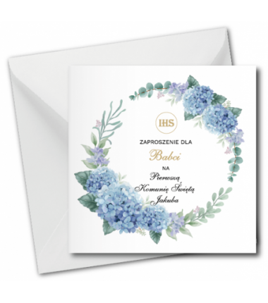 Zaproszenie na KOMUNIĘ ŚWIĘTĄ dla BABCI + IMIĘ dziecka - NIEBIESKA HORTENSJA PERSONALIZOWANE