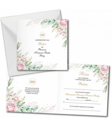 Zaproszenie na KOMUNIĘ ŚWIĘTĄ dla BABCI + IMIĘ dziecka - RÓŻA NAROŻNIK PERSONALIZOWANE