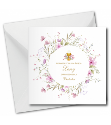 Zaproszenie na KOMUNIĘ ŚWIĘTĄ dla PRABABCI + IMIĘ dziecka - RÓŻOWE PERSONALIZOWANE