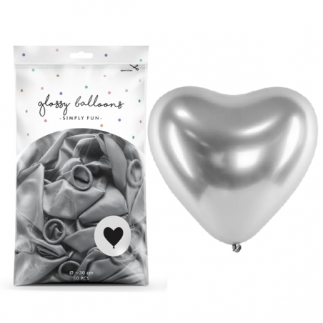 Balony Glossy Serca 30 cm srebrny - 50 sztuk