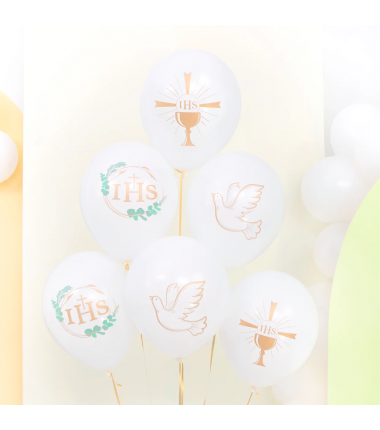Balony Komunia Święta - IHS, gołąbek, kielich 30 cm -  6 sztuk